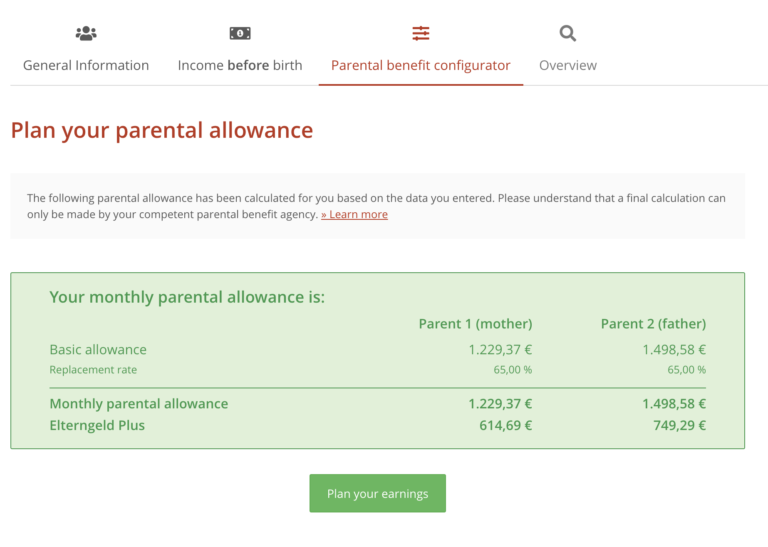 parental allowance calculator - step 3 - calculation and planner